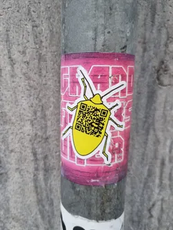 Street sticker Yellow bug sticker with a QR code on its body. The sticker is on a pink background with some illegible text. It's attached to a gray metal pole.