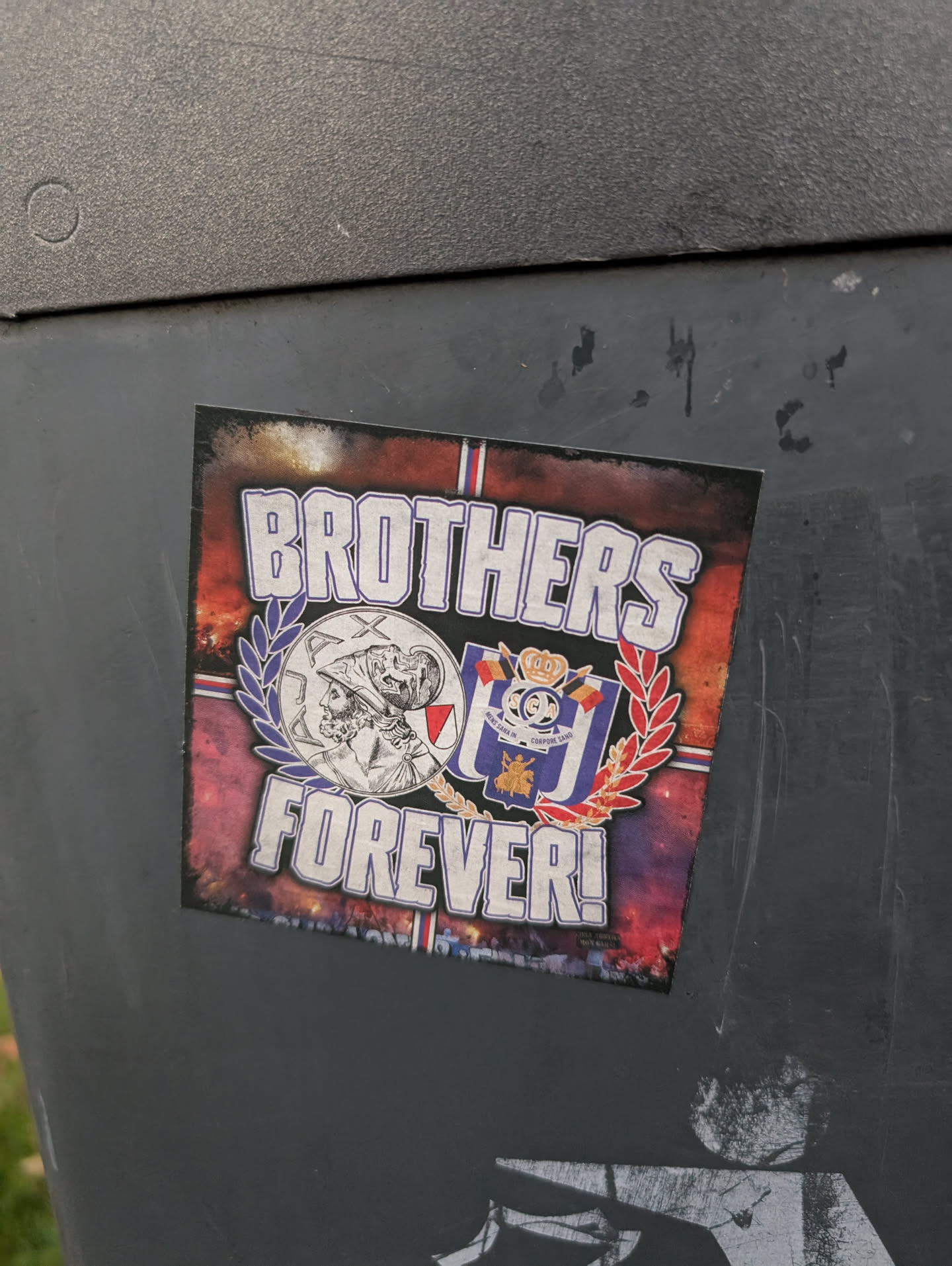 The sticker features a central emblem with two distinct halves. The left side depicts a profile of a bearded man wearing a helmet, rendered in grayscale, surrounded by a laurel wreath. The right side displays a crest with a crown, flags, and a golden lion, all in shades of blue and red. The text 'BROTHERS FOREVER!' is prominently displayed in large, stylized white letters with a purple outline, arching over and under the central emblem. The background is a distressed, fiery red and purple gradient, giving it a worn and intense aesthetic. Small flags, possibly representing national or club affiliations, are visible within the emblem.
