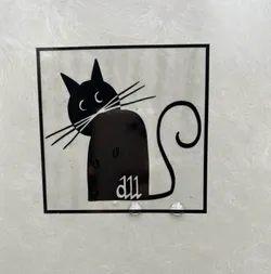 Street sticker A square-shaped sticker featuring a stylized black cat with a whimsical tail.  The cat is depicted in a minimalist style, with simple lines and shapes. The sticker appears to be made of a clear vinyl material, and there are a few water droplets visible on its surface. The word "all" is written in a stylized font on the lower part of the cat's body.
