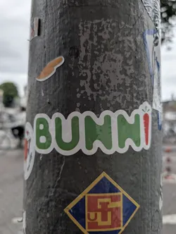 Street sticker The sticker at the center of the image is predominantly green and white. It features the word "BUNMI" in large, bold, rounded green letters with a white outline. To the right of the word, a stylized red carrot with green leafy tops is depicted, also outlined in white. The overall shape of the sticker is irregular, following the contours of the letters and the carrot.