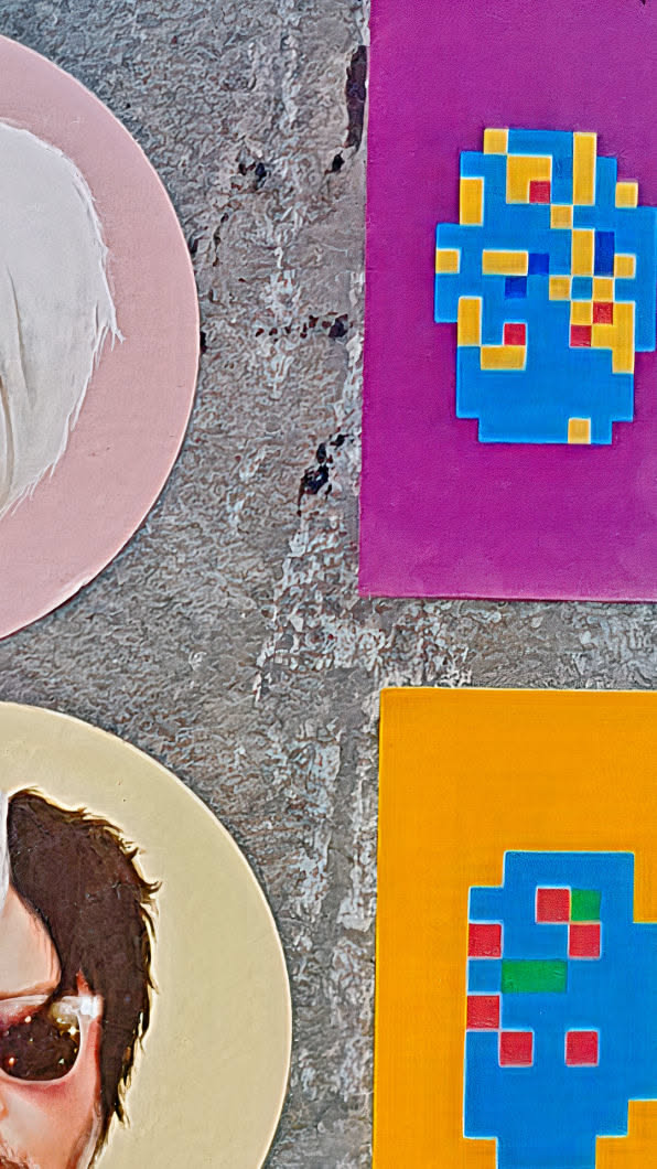 This sticker features a pixelated monster design in blue, yellow and red hues on a magenta square background.