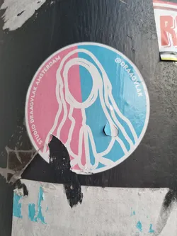 Round sticker featuring a minimalist line art illustration of a person with long hair, split down the middle with pink and blue colors. The text “Studio Draagvlak Amsterdam” is written along the pink half, while the Instagram handle “@draagvlak” is written along the blue half.