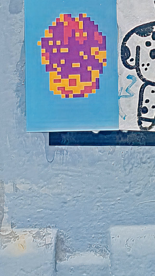 A pixel art style sticker of a mushroom with a purple cap and yellow spots, set against a light blue background.