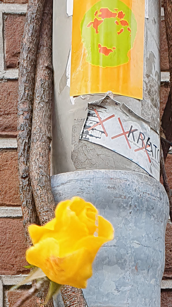 The sticker shows a stylized image of the earth in green and orange, possibly indicating pollution or damaged ecosystems. Below that is a partially torn sticker that reads "XKratos" with "Anti-Capitalist Organization". The pole also has a yellow rose and some vines wrapped around it, adding natural beauty to the urban setting.