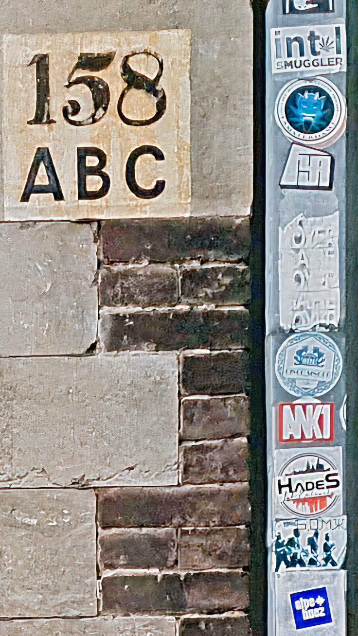 This image showcases a variety of stickers affixed to a pole, beside a brick wall. The collection features diverse designs, each potentially representing different brands, messages, or artistic expressions. The pole and wall bear marks of weathering and age.