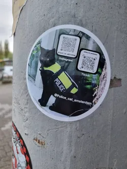 Street sticker Sticker featuring a black cat wearing a police vest.  The sticker includes QR codes linking to the cat's Instagram and TikTok accounts.