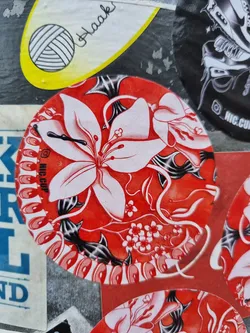 Street sticker Round sticker featuring a stylized floral pattern in red, white, and black. The main design element is a large white lily-like flower with intricate details. The background is a bold red with black swirling lines and smaller white flowers.  There is a small Instagram logo visible on the sticker.