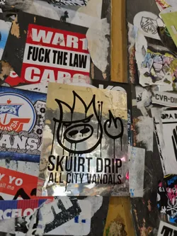 Street sticker A silver sticker with a black graphic and text. The text says "Skuirt Drip" over "All City Vandals". The graphic appears to be a stylized face with flames.