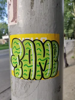 Street sticker A green and yellow sticker with the word "FAM" written in a stylized, wavy font.  The letters are outlined in white and filled with a repeating wave pattern. The sticker is affixed to a grey pole.