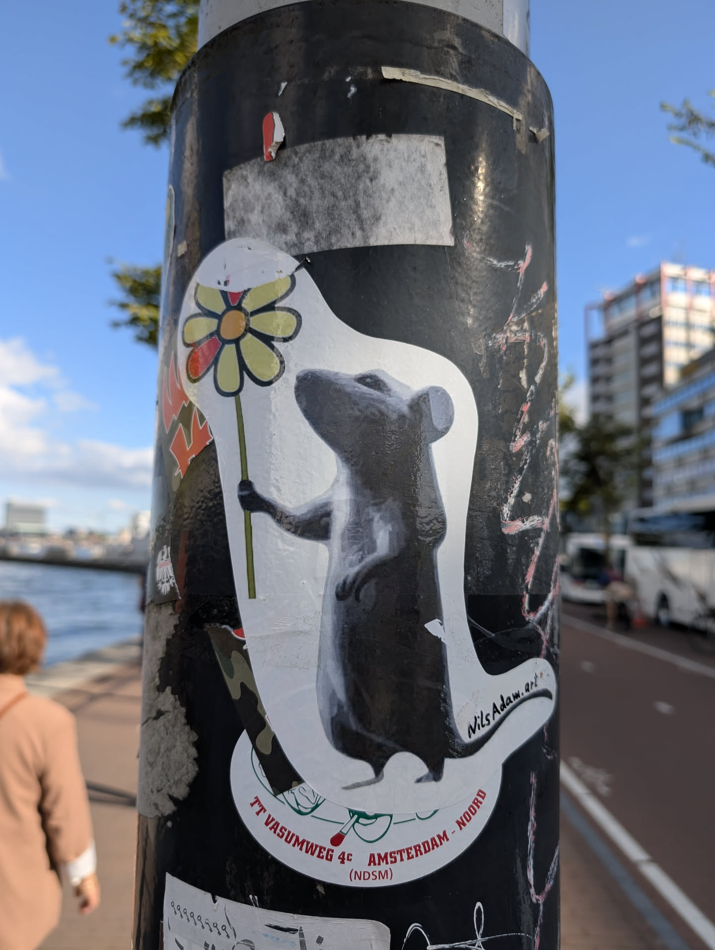 The sticker is centrally located on a dark, textured pole. It depicts a stylized, dark gray rat standing on its hind legs, holding a yellow and red flower with a green stem in its right paw. The background of the sticker is white and irregularly shaped, with a faint outline of camouflage pattern visible beneath the rat. Below the rat, a red text reads 'TT VASUMWEG 4C AMSTERDAM - NOORD (NDSM)'. To the right of the rat's head, in cursive black text, it says 'Nils Adam. art'.
