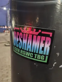 Street sticker A black rectangular sticker with the word DESHAMER in rainbow colors.  Above the word, there are two crowns. Underneath, there are the letters CFH RSWC TBG. The sticker is affixed to a dark gray pole.