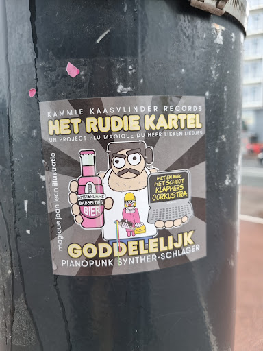 Street sticker KAMMIE KAASVLINDER RECORDS НЕТ RUDIE KARTEL UN PROJECT PLU MAGIQUE DU HEER LIKKEN LIEDJES MET EN AVEC НЕТ SCHOOT AMSTERDAMS KLAPPERS BABBELTJES OORKUSTRA BIER KACBOOK magique jean jean illustratie GODDELELIJK PIANOPUNK SYNTHER-SCHLAGER