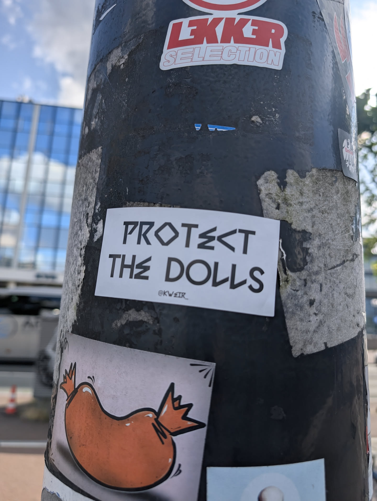 Street sticker This is a sticker found on a pole with the message "PROTECT THE DOLLS" in bold, stencil-like letters. Below this message is the handle "@KWEIR_". The sticker is white with black text.