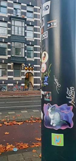 Street sticker The sticker features a drawing of a cat with grey and white fur, posing on a purple and blue patterned background. Above the cat, there's some illegible text, adding a touch of mystery to the image.