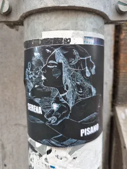 Black and white sticker featuring a detailed illustration of a woman's face with flowing hair, possibly in a mystical or ethereal style. The artist's name, Serena Pisano, is visible at the bottom of the design.