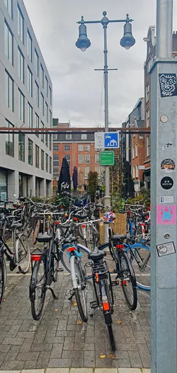 A photo of a utility pole covered in stickers in front of a bicycle parking area in Amsterdam. The main sticker on the pole is a black and white image of a face.