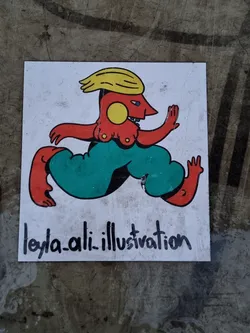 Street sticker This sticker features a unique illustration of a stylized figure in motion, with bold colors and a distinct artistic style. The artist's signature, "leyla_ali_illustration," is visible at the bottom.
