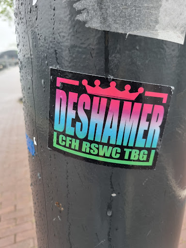 A rectangular sticker with the word DESHAMER prominently displayed in a stylized font with a crown above it. Below the main text, there is smaller text that reads 'CFH RSWC TBG'. The sticker has a gradient color scheme.