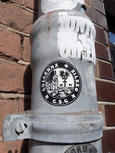 The sticker features a black and white design with the text "CULCANNA BILBAO" in a circular pattern around an image of a building, a bridge over water, palm trees, and two horses. The text "C.S.C." is at the bottom.