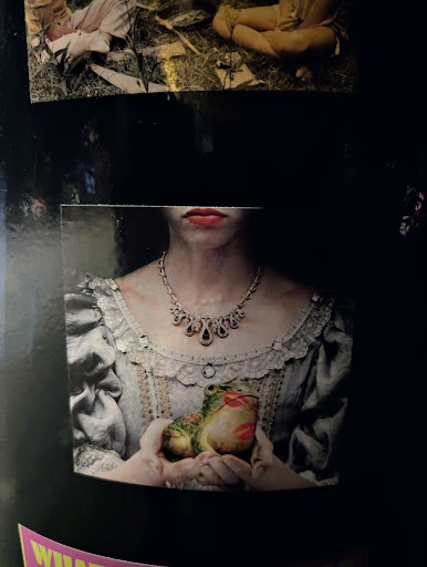 A sticker shows a woman's torso in a fancy dress with a necklace, holding a frog with red lipstick marks on it.