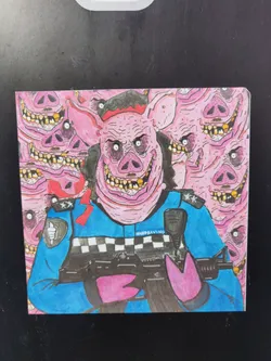 Street sticker A sticker depicting a pig dressed as a police officer, holding a rifle. The pig is surrounded by a multitude of other pig heads, all with similar grotesque features. The art style is cartoonish and slightly disturbing. The pig's uniform includes a police hat and a checkered pattern on the chest. The background is a repeating pattern of pig heads.