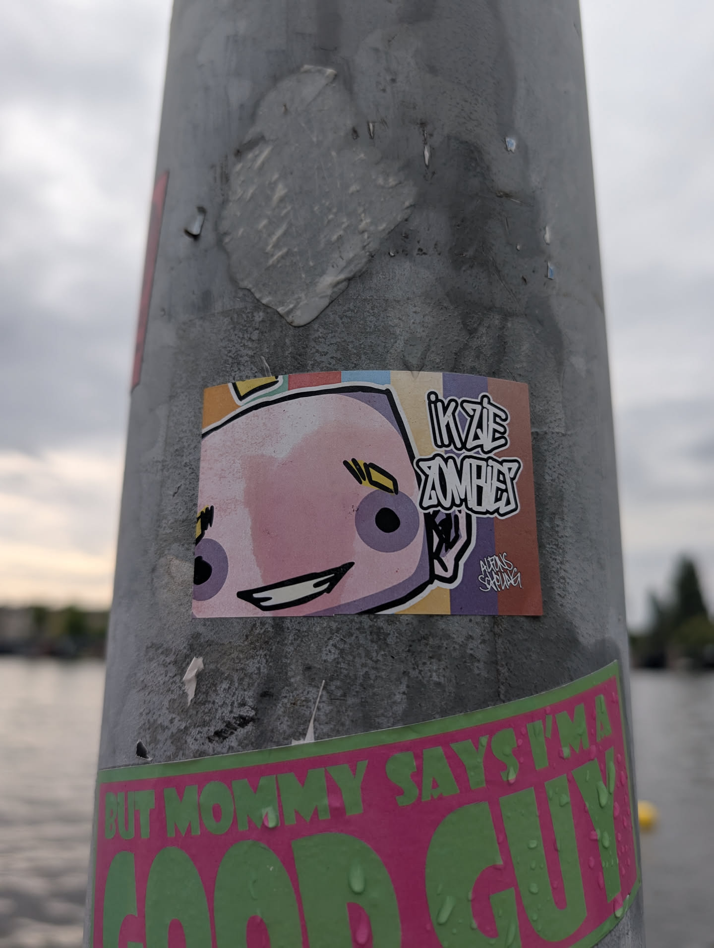 The sticker features a stylized, cartoonish character's face with large, round purple eyes, black eyebrows, and a wide, pink smile. The head is colored in a soft pink, with yellow accents around the ears and a crown-like design at the top. To the right of the face, bold white text with black outlines reads 'İKZE ZOMBHER'. Below this text, in smaller, stylized script, are the words 'AUTONS SCHLING'. The background of the sticker is divided into vertical stripes of yellow, light purple, and orange. The sticker is adhered to a metallic pole.