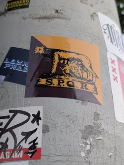 Street sticker A square sticker diagonally split into orange and dark purple halves. It features a black graphic of the Capitoline Wolf nursing Romulus and Remus, positioned above a banner containing the letters 'S.P.Q.R.'.