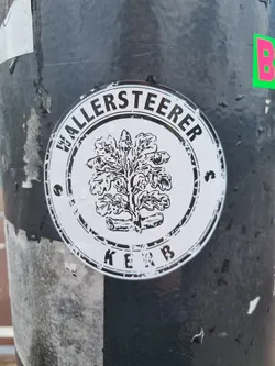 Black and white round sticker with the text "Wallersteger Kerb" and a drawing of an oak tree in the center.