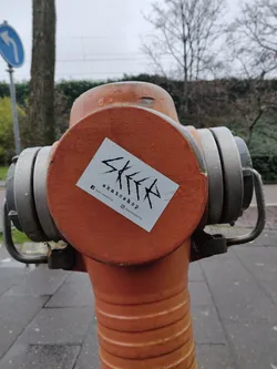 Street sticker A small, white rectangular sticker with black text and graphics. The text 'SK8TA' is prominently displayed in a stylized font, followed by 'skateshop' in a smaller font.  Social media icons suggest the presence of Instagram and possibly another platform. The sticker is affixed to an orange fire hydrant.