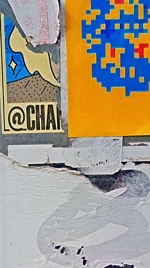 The image shows a collection of stickers pasted on a wall with a textured surface.  The stickers include an image with a blue and brown design and the text "@CHA", and a yellow sticker with a pixelated design in blue, yellow, and red.