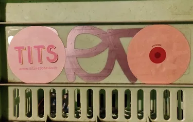 A pink round sticker with the word TITS in bold, uppercase, pink letters. Below it, the website address www.tits-store.com is printed in a smaller font. The sticker is affixed to a light green surface with graffiti in the background.