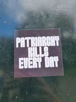 A dark-colored sticker with white bold capital letters that says Patriarchy Kills Every Day. The sticker is affixed to a dark-green surface.