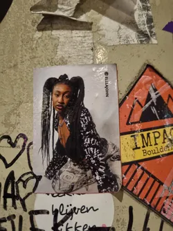 Street sticker A sticker featuring Ella John, a young woman with long braids, wearing a black and white patterned top and pants. The sticker has a copyright symbol and 'ELLAJOHN' written on it.