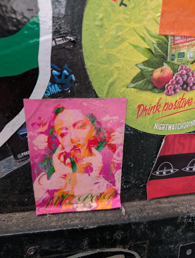 A pink and white sticker with orange highlights on a wall. The sticker depicts a portrait of a person, and below the image, the text 'FIZZ POP' is written in green.