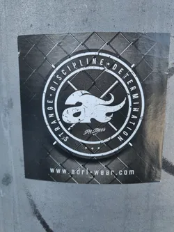 A black and white sticker with a logo featuring a stylized flame and the words 'Discipline' and 'Determination' surrounding it. The text 'Stay Strong' is in the center.  A website address is printed at the bottom.