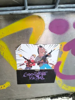 Street sticker A sticker featuring Bojack Horseman and Todd Chavez from the Netflix show Bojack Horseman.  The characters are depicted holding guns with the words "Bang, Bang, Pow, Pow, Yeah, How!" written above them.  Below the image is a black rectangle with the words "Goodbye Viking" written in purple.