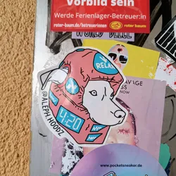 Street sticker A sticker featuring a cartoon dog wearing a pink helmet with 'RELAX' written on it and a digital clock displaying '4:20'. The artist's Instagram handle is @Aleph.Hoodz