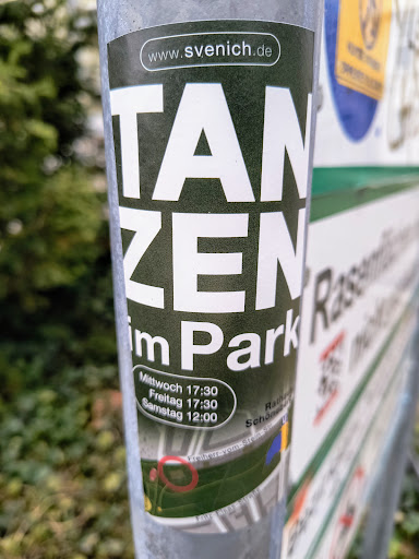 Street sticker A sticker promoting dance events in Svenich im Park. The sticker displays the event name in large, bold, white letters on a green background. The URL "www.svenich.de" is printed at the top of the sticker. The sticker lists the times for the event on Wednesday, Friday and Saturday. A small map is printed at the bottom of the sticker.