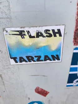 Street sticker A white square sticker with the words 'FLASH TARZAN' written in bold, black letters. The background behind the letters is an ombre fade from yellow to blue.