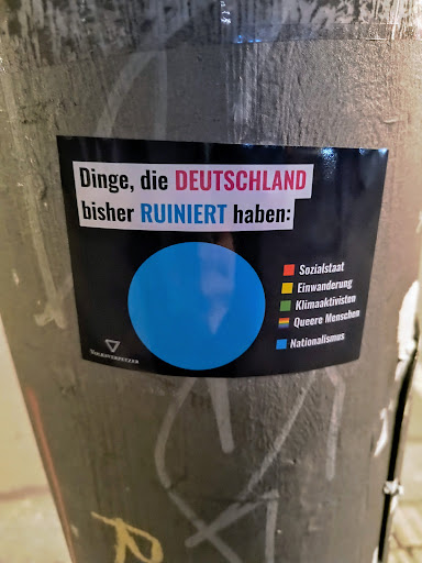 A sticker with a pie chart showing different things that, according to the sticker, have ruined Germany. The text on the sticker is in German. The colors in the chart seem to represent different groups or ideas. There is also a small symbol at the bottom of the sticker. 