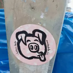 Round sticker featuring a hand-drawn illustration of a pig with its tongue sticking out. The sticker has a pink background and black ink drawing. The text on the sticker says “www.mordade.com” and “Vaudeben Leipzig”. 