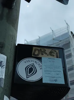 Street sticker A round sticker with the word "Vulvichen" and a stylized vulva symbol in black on a white background. It is affixed to a black box on a dark green pole.