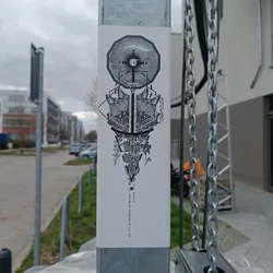 A grayscale sticker featuring a stylized fox's face, geometric shapes, and symbolic imagery. The design is detailed and intricate, with elements suggesting a balance between nature and geometry.  The text at the bottom appears to be German.