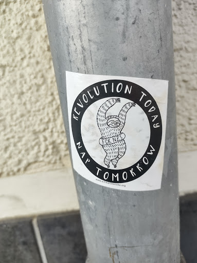 Street sticker A black and white sticker featuring a sloth with the text "Revolution Today, Nap Tomorrow" and "FCK NZS" written on it. The sticker is attached to a metal pole.