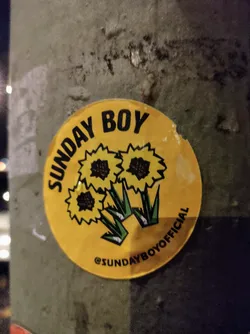 Street sticker A round yellow sticker with a design featuring three cartoon sunflowers and the text 'SUNDAY BOY' at the top.  At the bottom of the sticker is a small '@SUNDAYBOYOFFICIAL' text indicating a possible social media handle.