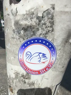 Street sticker A round sticker on a textured pole. It depicts a stylized blue and red swan inside a white circle. The outer ring has a blue-to-red gradient, white dots, and the text 'Sinti Union SH e.V.'.