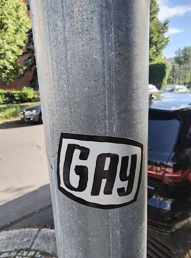 The sticker features the word "GAY" in bold, outlined black letters against a white background, affixed to a gray metal light pole. The sticker's design is simple, with the word "GAY" being the primary and only element. The background shows a green, leafy area and a vehicle in the distance.
