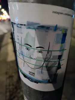 Street sticker A sticker featuring a minimalist line drawing of a face overlaid on an abstract collage of muted colors and textures. The words "Eating People" are printed below the drawing. An Instagram link is visible at the top of the sticker.