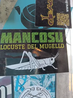 Street sticker A sticker featuring the name "Mancosu" and the text "Locuste del Mugello" above a drawing of a locust. The sticker has a dark background with green text and a white locust illustration.