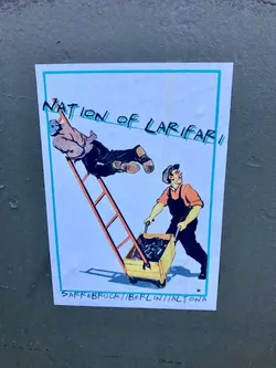 Street sticker The sticker features a vintage-style illustration set against a light blue background with a thin teal border. On the left, a man in a brown shirt and black pants is depicted mid-fall from an orange ladder, his body seemingly flung backward. On the right, another man, dressed in an orange shirt, dark overalls, and a cap, pushes a small, yellow, four-wheeled cart filled with dark, lumpy material, likely coal. The artwork uses bold outlines and a limited palette of muted colors, evoking a propaganda poster or social realism style. The ground beneath the figures is subtly indicated by a shadow cast by the cart.